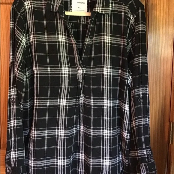 Sonoma size XL  Black and White Checkered long sleeve pullover Shirt - Picture 2 of 11